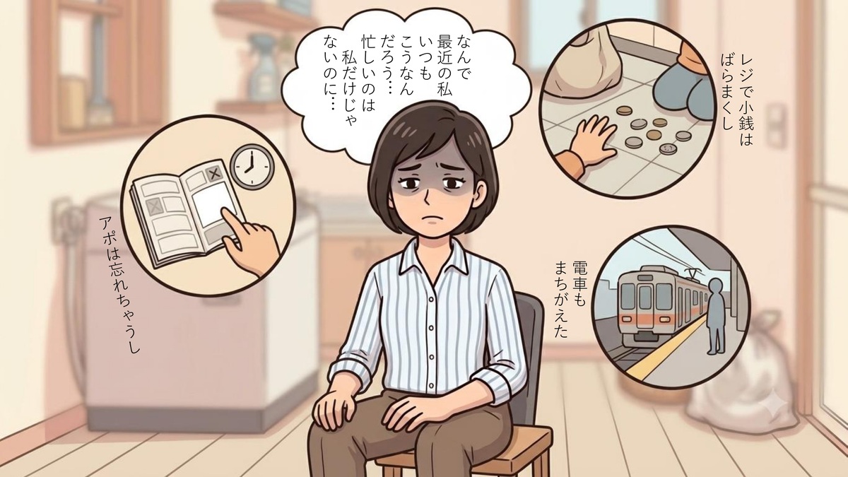 4コマ目：アポ忘れ・小銭のばらまき・電車の乗り間違いを振り返る女性『なんで最近の私いつもこうなんだろう…忙しいのは私だけじゃないのに…』